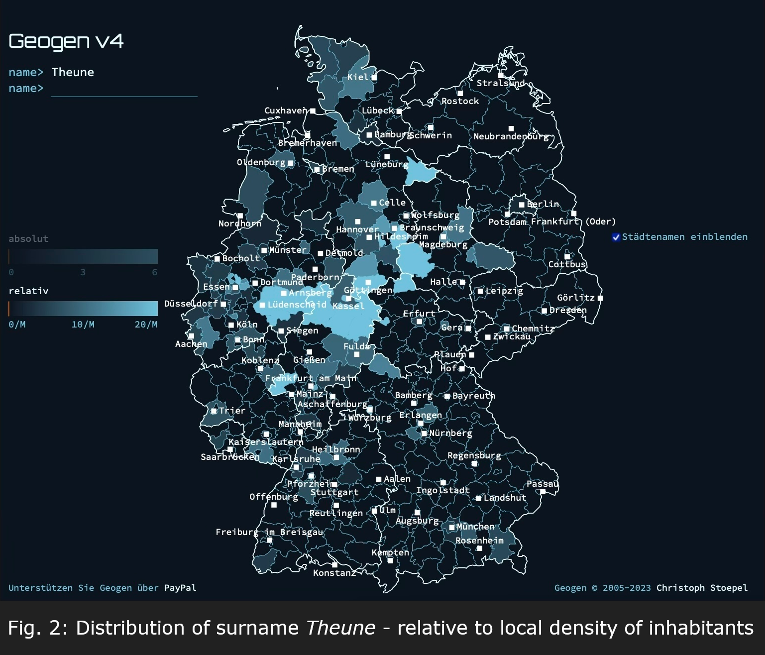 screenshot of geogen website. distribution of the surname theune across germany and in relation to local inhabitants. spikes in nordrhein-westfalen, hessen and southern niedersachsen.